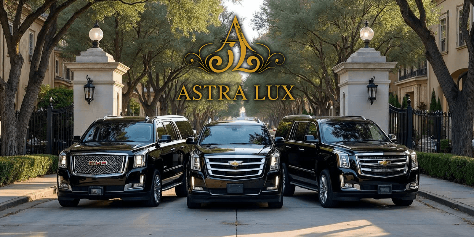 Three luxury black SUVs parked at a gated estate entrance with the Astra Lux logo above.