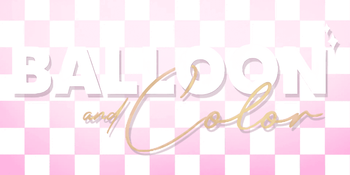 Luxury balloon décor and event styling on a pink checkered background with elegant gold script accents.