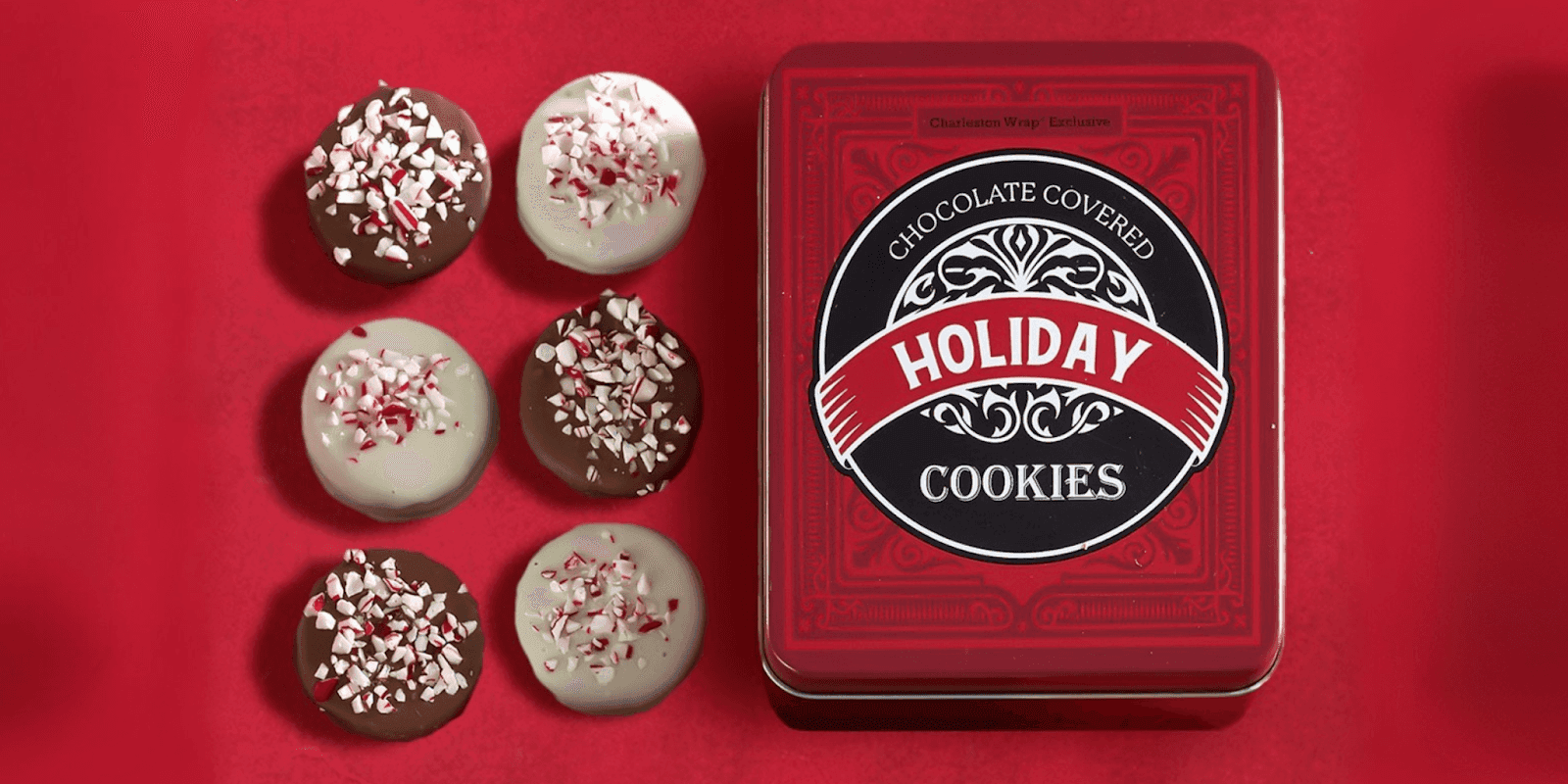 Tin of holiday chocolate-covered cookies with peppermint topping, featured in Charleston Wrap’s Fall 2025 fundraising lineup.