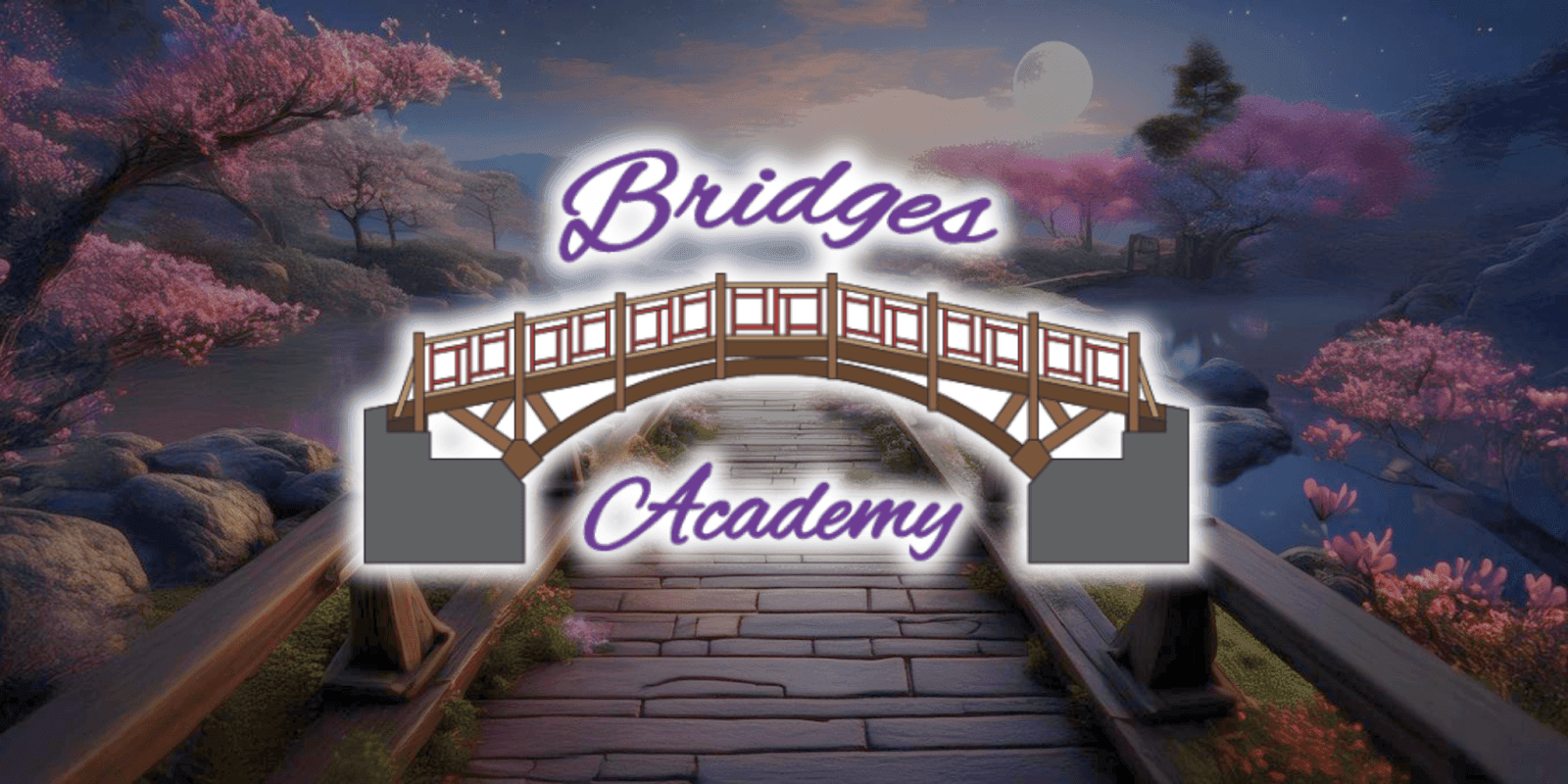 Bridges Academy logo featuring a traditional wooden bridge over a scenic path surrounded by cherry blossoms, set in a serene twilight landscape.