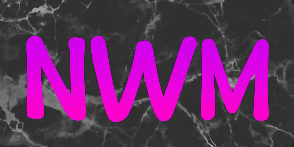"Bold 'NWM' text in bright pink on a sleek black marble background, representing a modern brand or initiative."