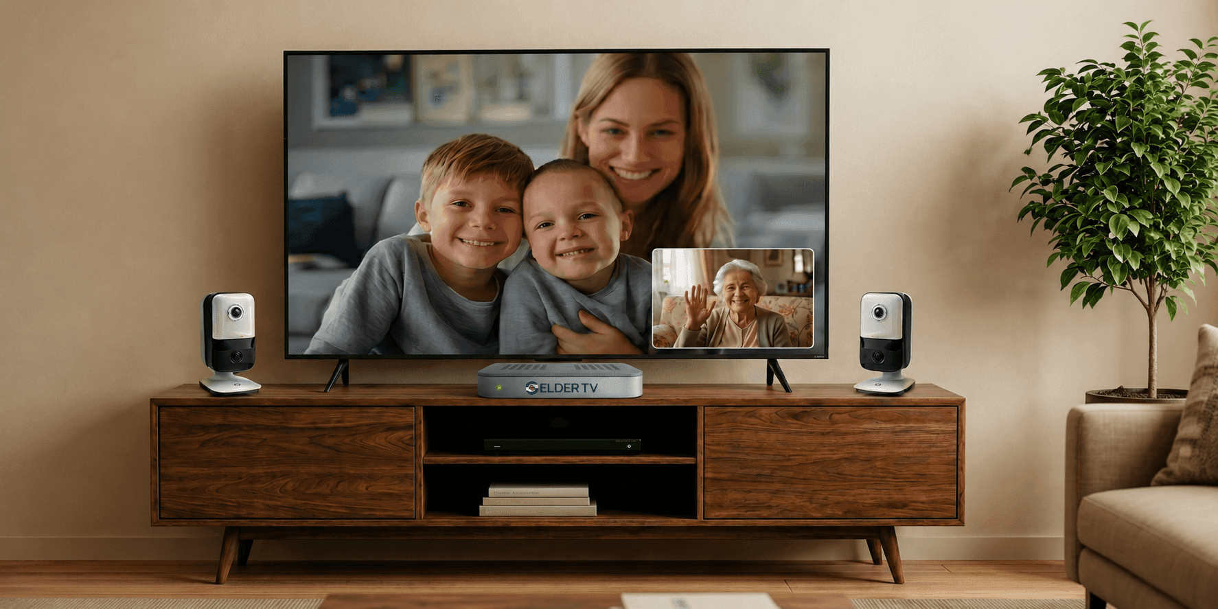 Family video call on television with elderly woman, Elder TV device, and home monitoring cameras supporting remote caregiving.