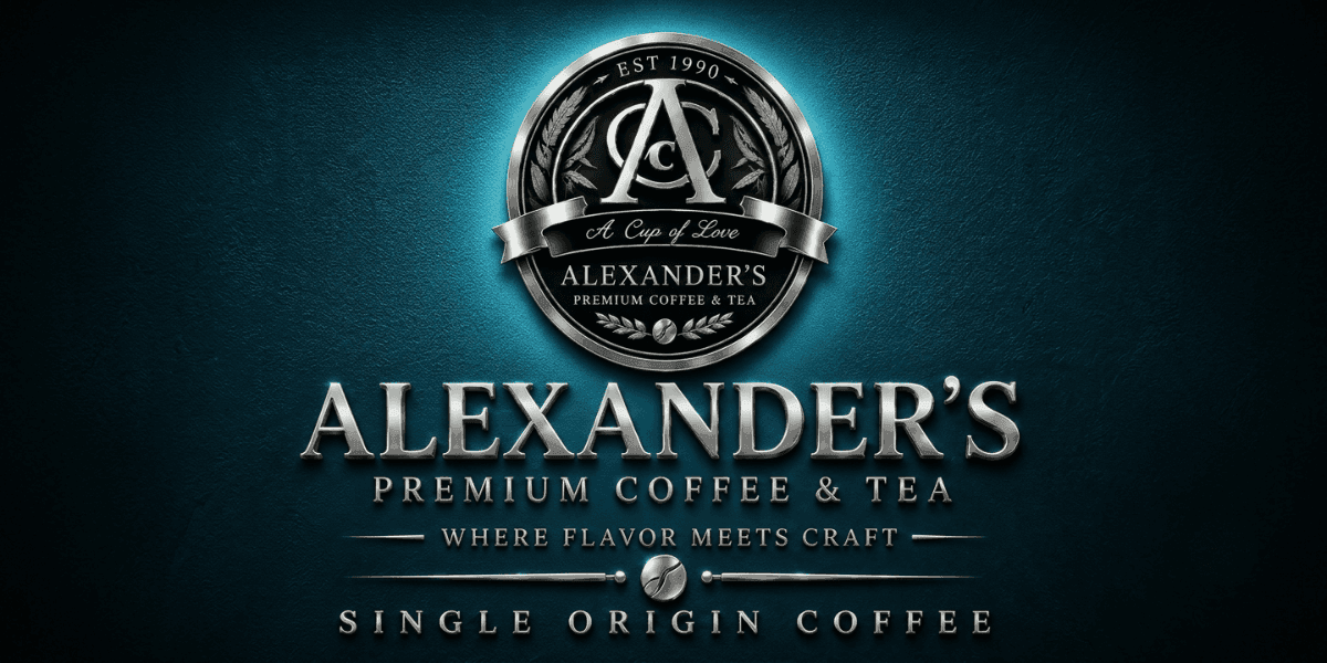 Alexander's Premium Coffee & Tea logo with “Single Origin Coffee” branding on a dark textured background.