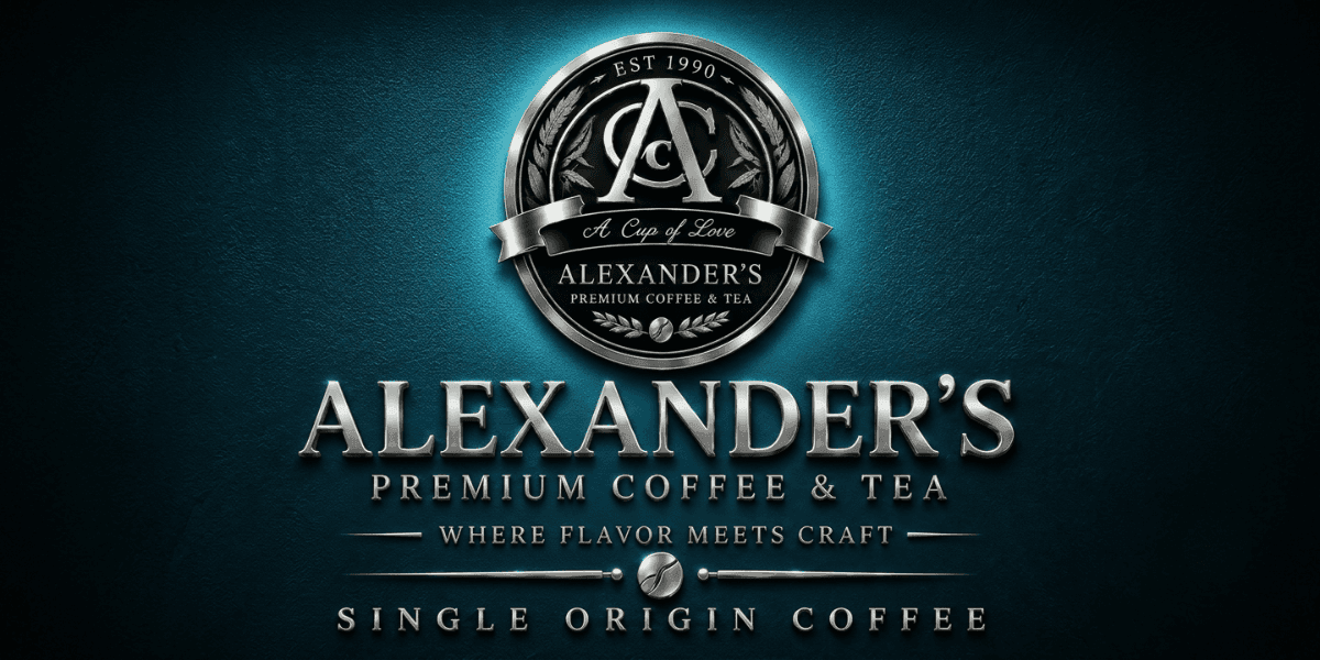 Alexander's Premium Coffee & Tea logo with “Single Origin Coffee” branding on a dark textured background.