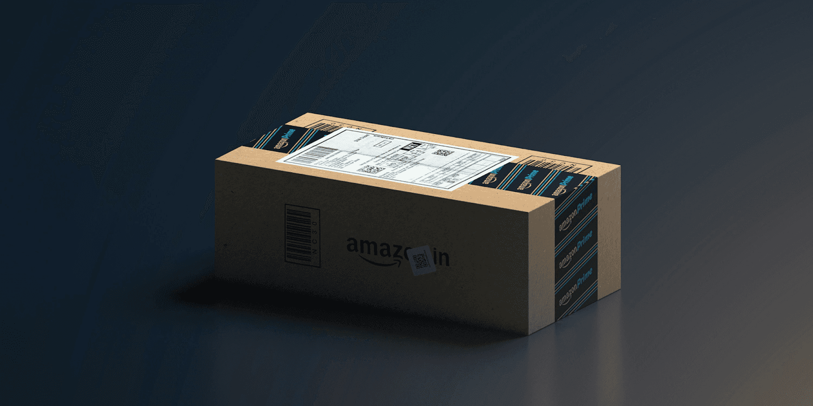 "Close-up of an Amazon Prime package with a shipping label, showcasing the branded tape and barcode on a dark background, emphasizing the online shopping and fast delivery service."