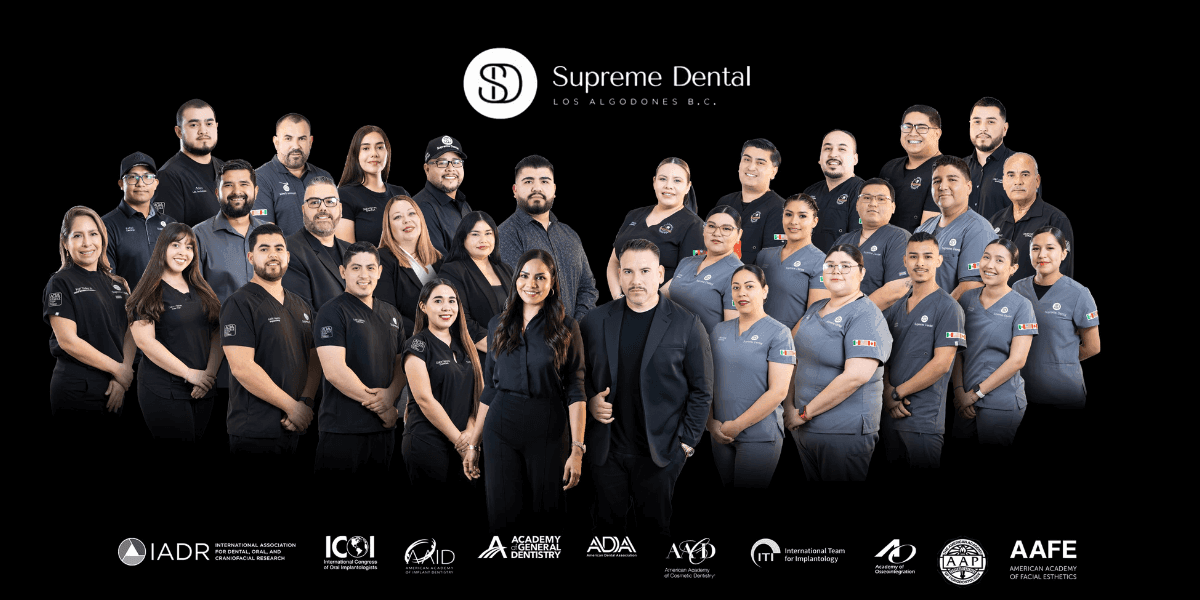 Group portrait of Supreme Dental Clinic staff in Los Algodones, highlighting the team behind Mexico’s top dental destination.