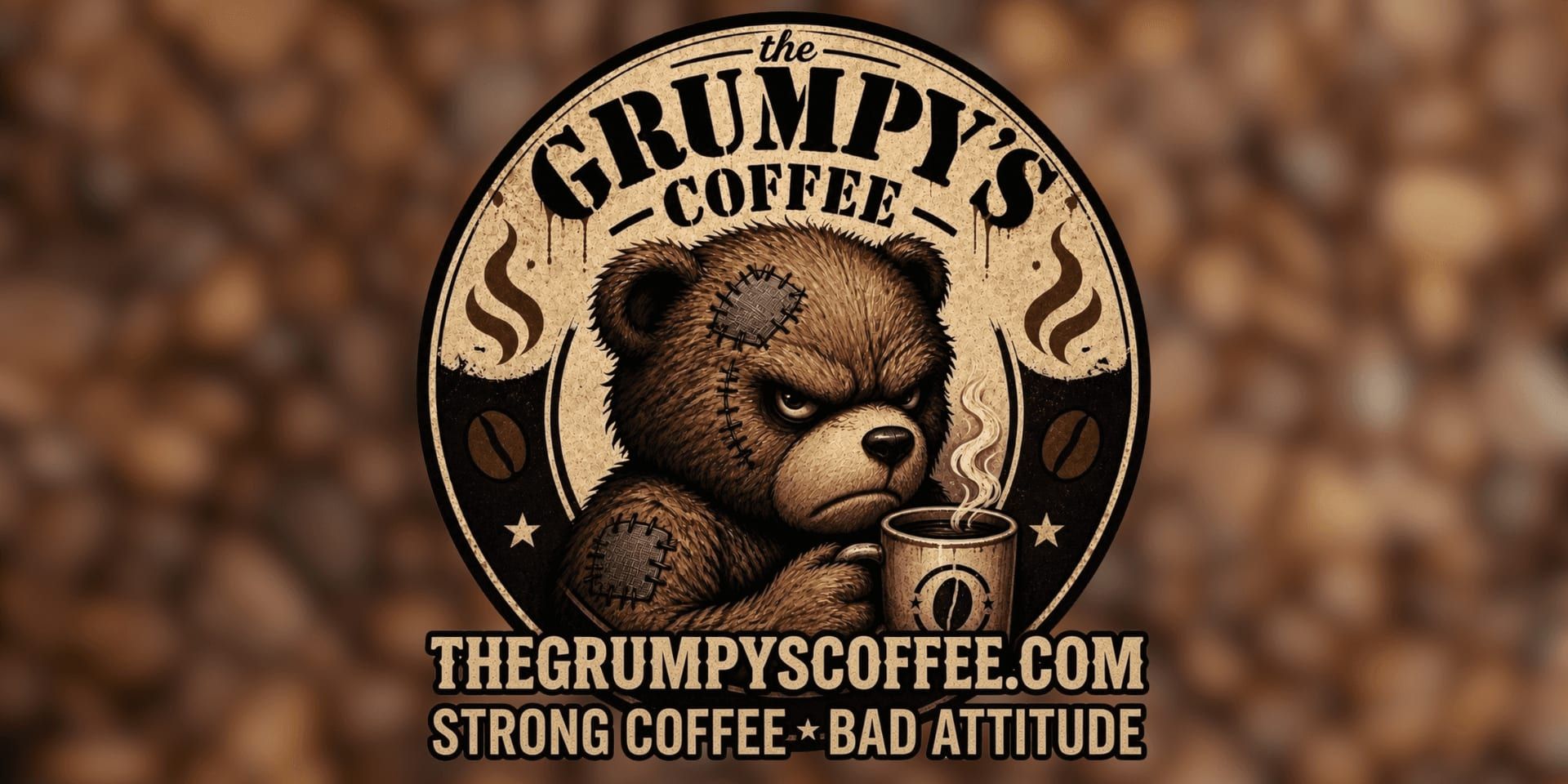 Vintage-style Grumpy’s Coffee logo featuring angry teddy bear holding steaming coffee mug.