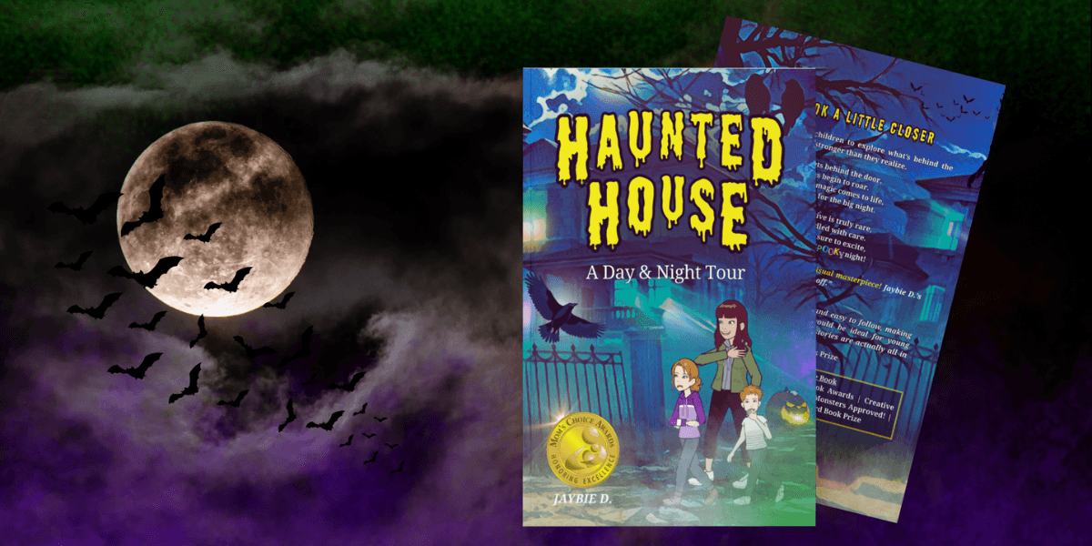 Moonlit haunted-themed book cover and back cover promoting a children's story about understanding fear through curiosity.