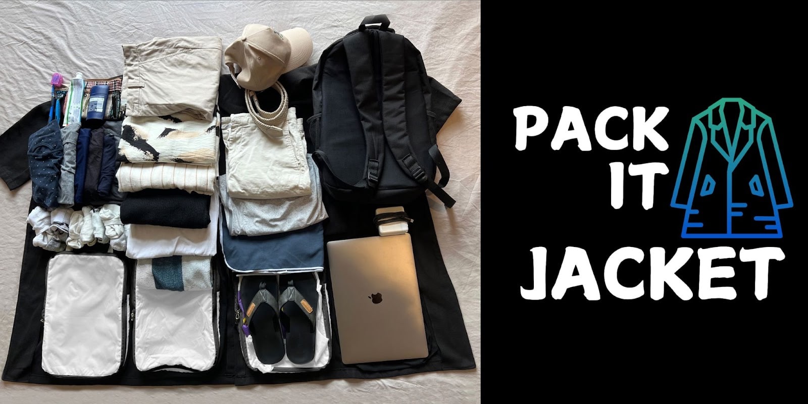 Flat lay of travel essentials packed into a coat, promoting the Packit Jacket as wearable luggage alternative.