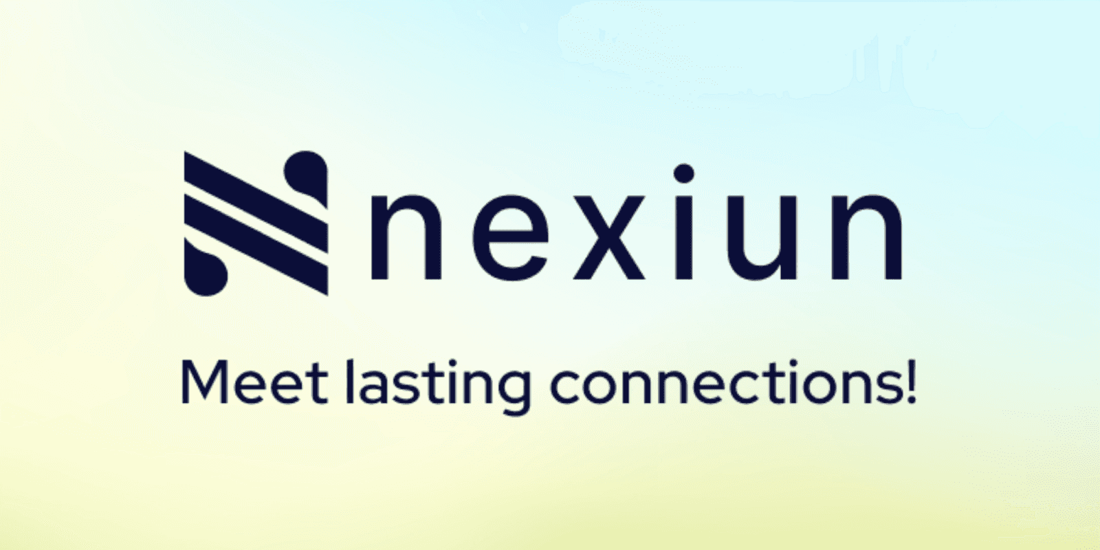 Nexiun logo with tagline “Meet lasting connections!” promoting the first AI-powered social network for authentic human connection.