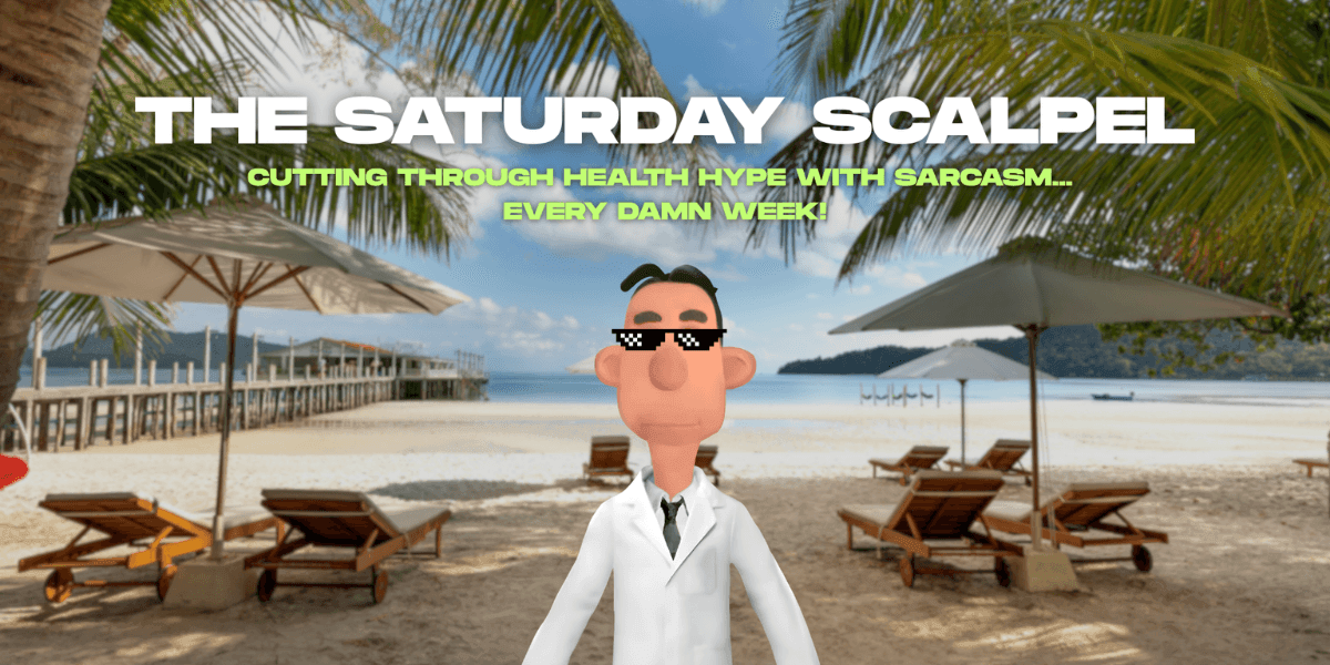 Cartoon doctor on beach promotes "The Saturday Scalpel," a humorous weekly health newsletter cutting through medical hype.