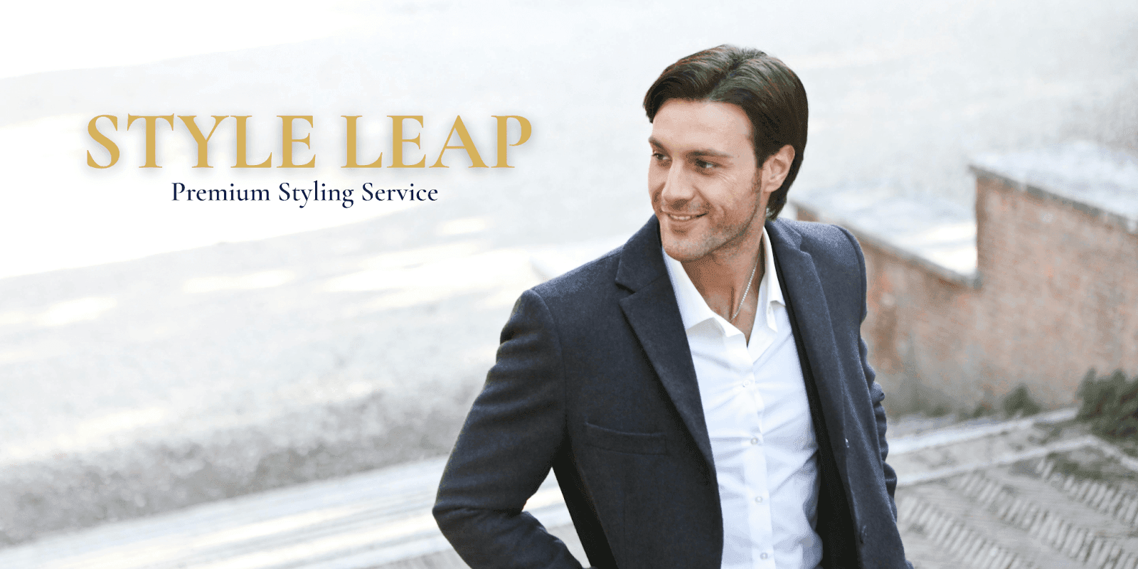 Stylish man walking outdoors in a tailored suit with a white shirt, smiling confidently, promoting Style Leap's premium styling service.