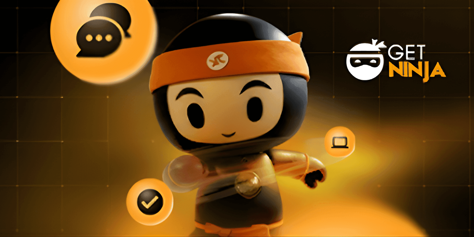 "Get Ninja logo with animated ninja character, symbolizing their virtual assistant services, offering technology integration, transparency, and scalability."