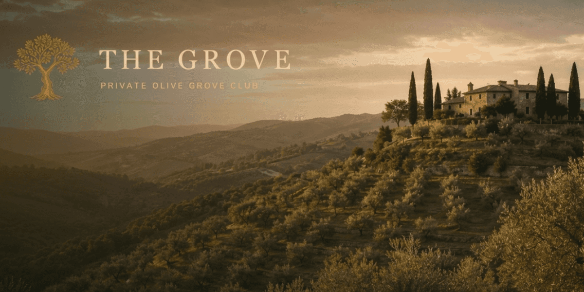 Sunset view of Tuscan olive groves surrounding a historic estate, promoting The Grove private olive grove club.