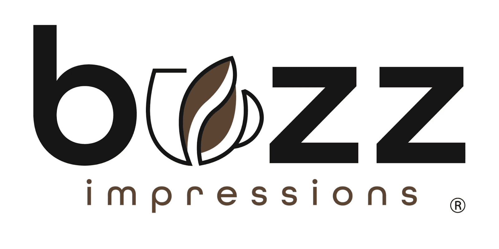 Logo for Buzz Impressions, featuring the word "buzz" in bold black letters with a coffee bean incorporated into the "u," and "impressions" in brown lowercase text.