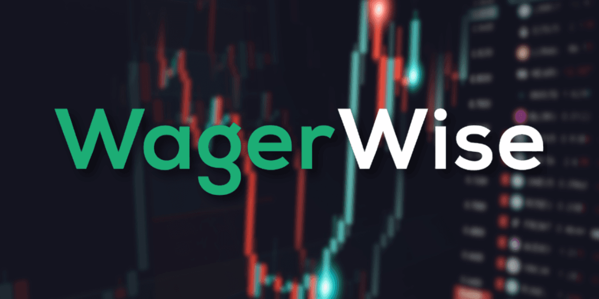 WagerWise logo over a blurred financial data chart with red and green candlesticks.