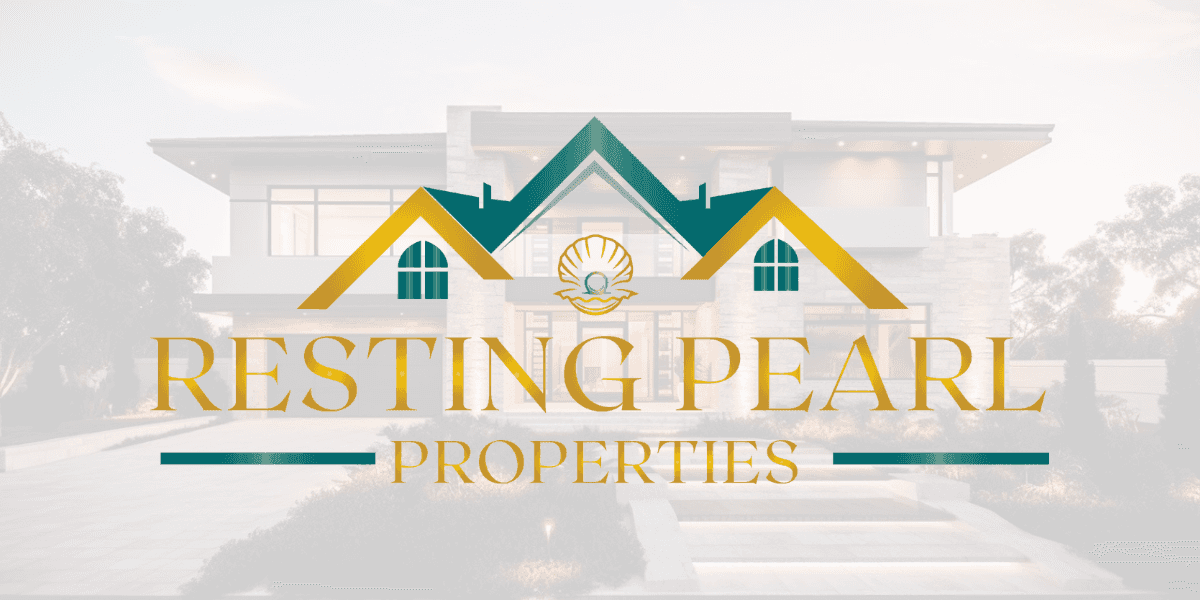 Resting Pearl Properties logo over a modern luxury home background.