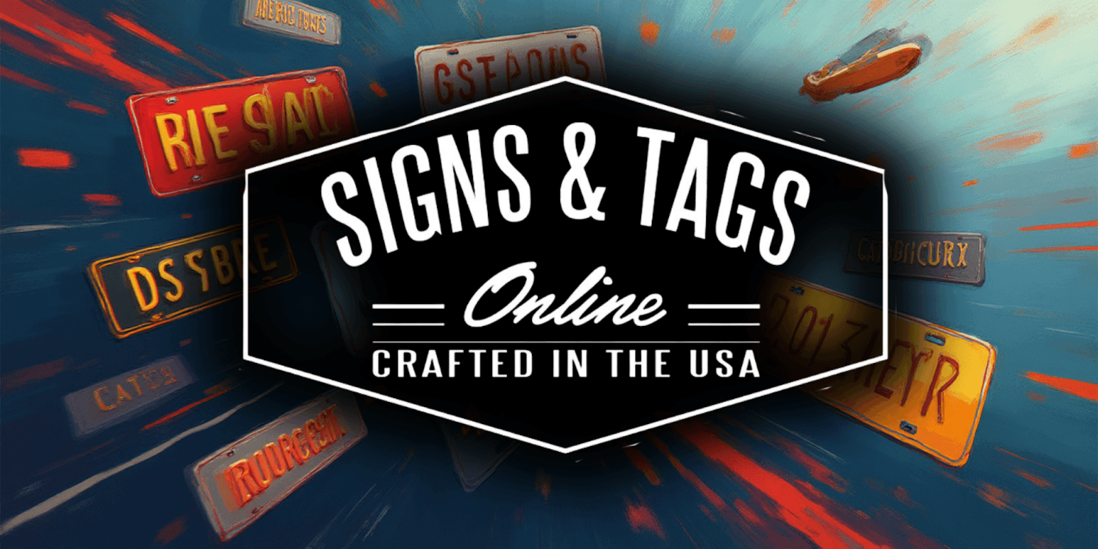 Logo for SignsAndTagsOnline featuring colorful license plates in motion, highlighting custom, USA-crafted, personalized plates with fast turnaround service.