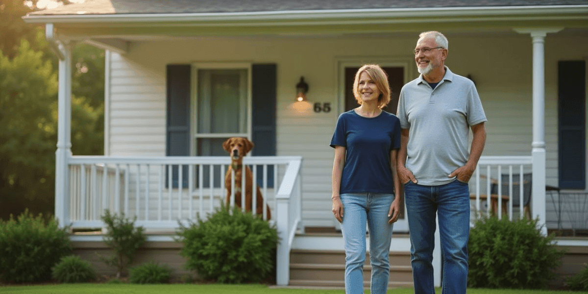 Happy couple walking outside their home with their dog in the yard, reflecting the stress-free home selling experience.