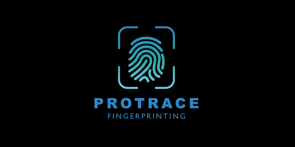 Blue fingerprint design centered in a rounded square on a black background. Below, the words "Protrace Fingerprinting" are written in bold blue text.