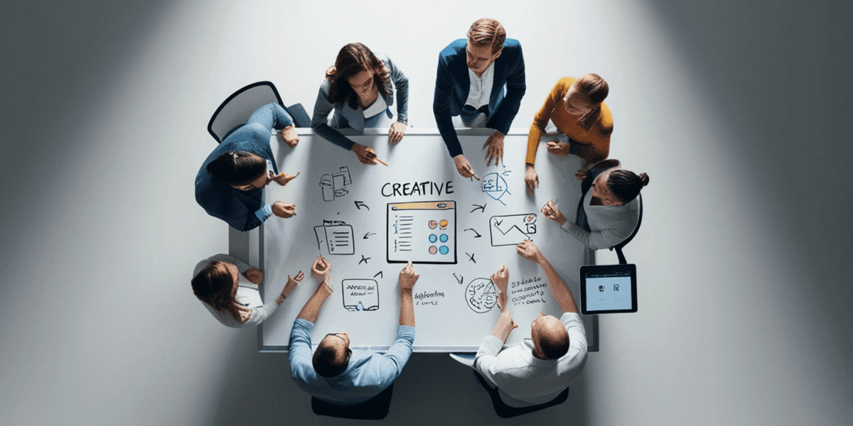 Business team collaborating around a table covered with creative strategy diagrams and digital interface sketches.
