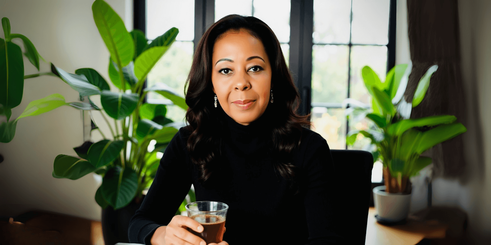 Sha LéWilante seated with tea, surrounded by lush plants, reflecting her holistic approach to healing and transformation.