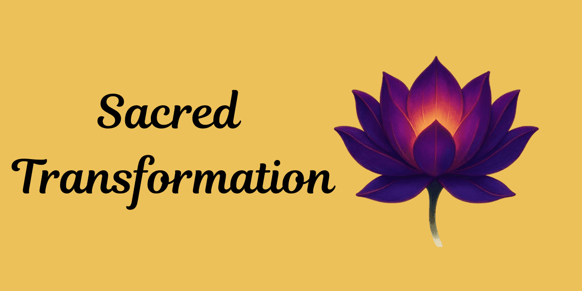 "Sacred Transformation" text with a vibrant lotus flower, symbolizing holistic, trauma-aware support for families during pregnancy and loss.