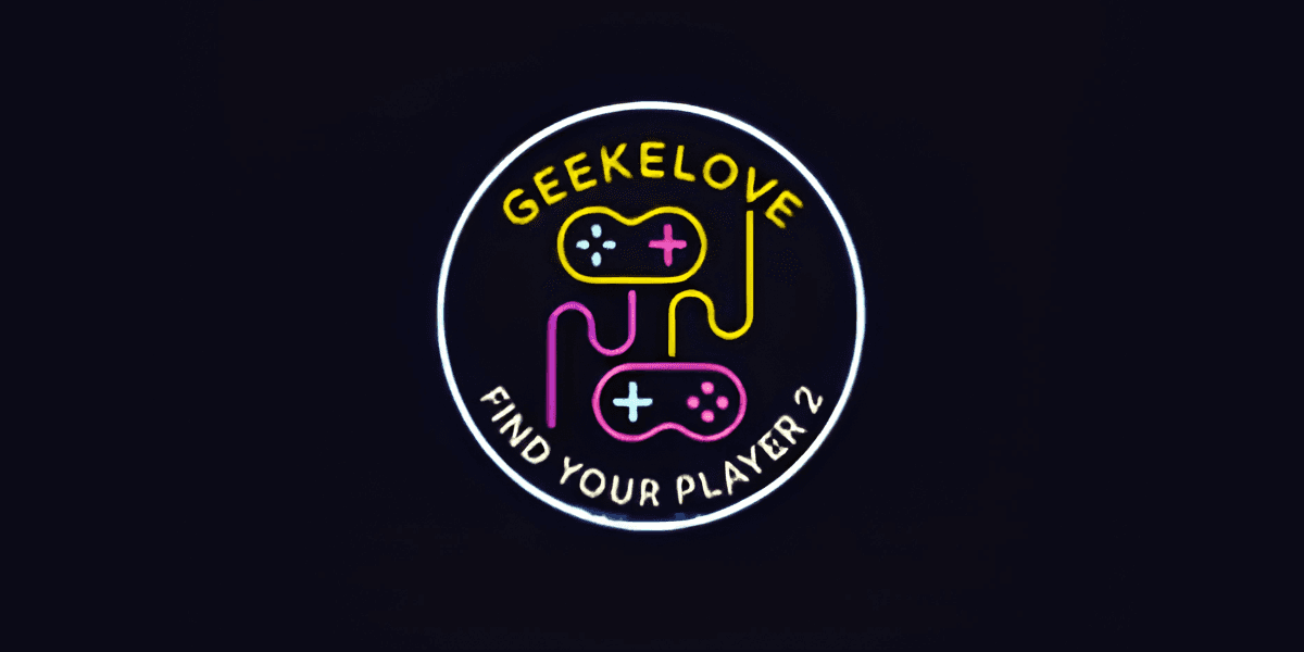 GeekELove neon logo with game controllers and the slogan “Find Your Player 2” on a dark background.