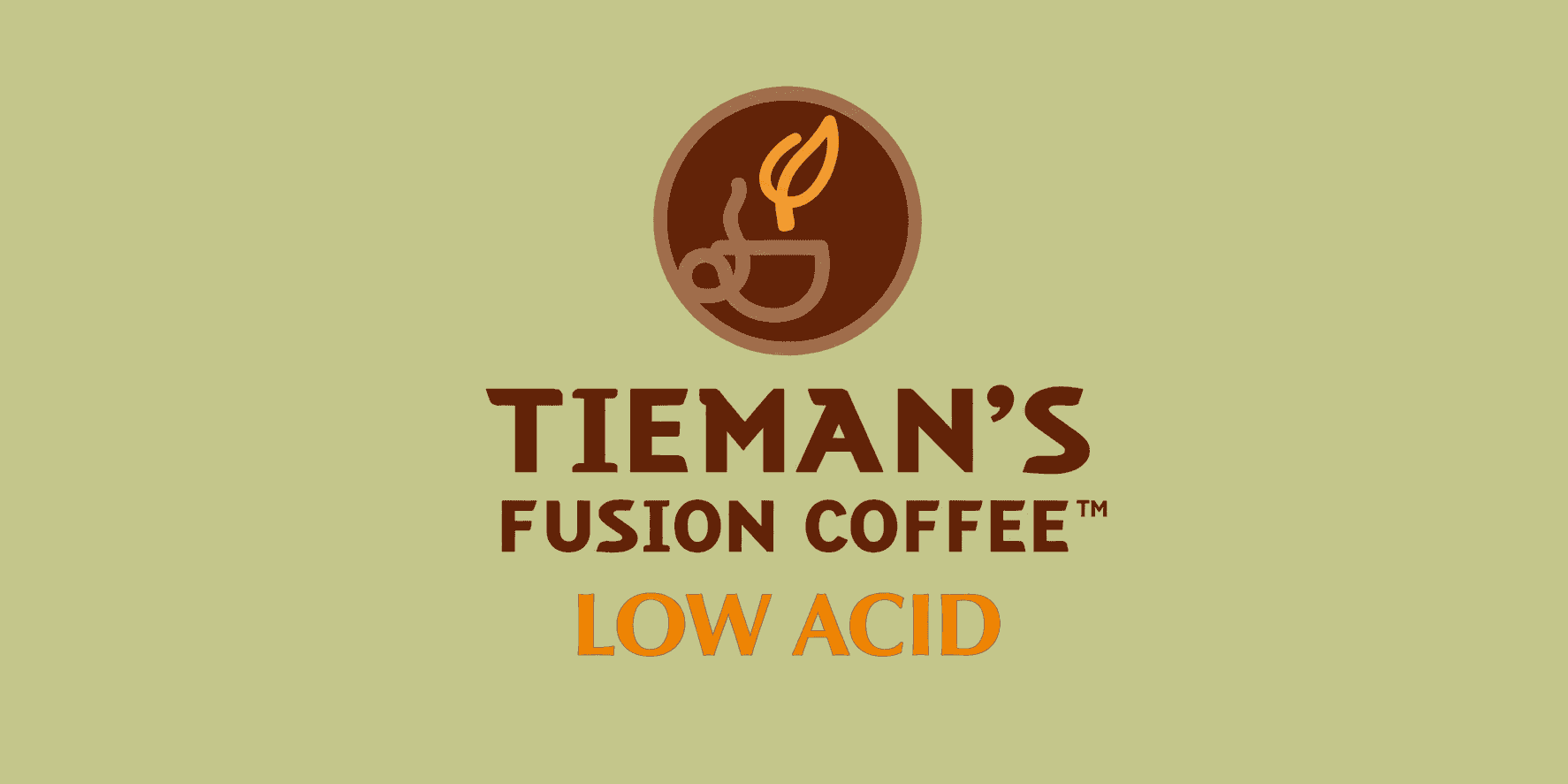 Tieman's Fusion Coffee logo with "Low Acid" on a light green background.
