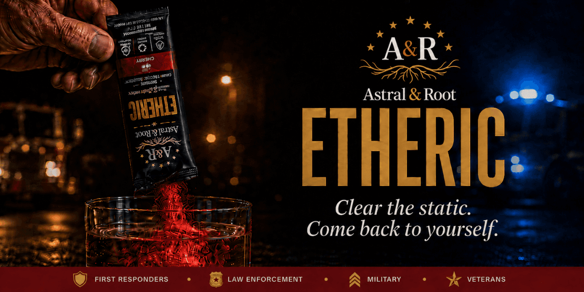 Astral & Root ETHERIC supplement stick poured into a glass beside the Astral & Root logo.