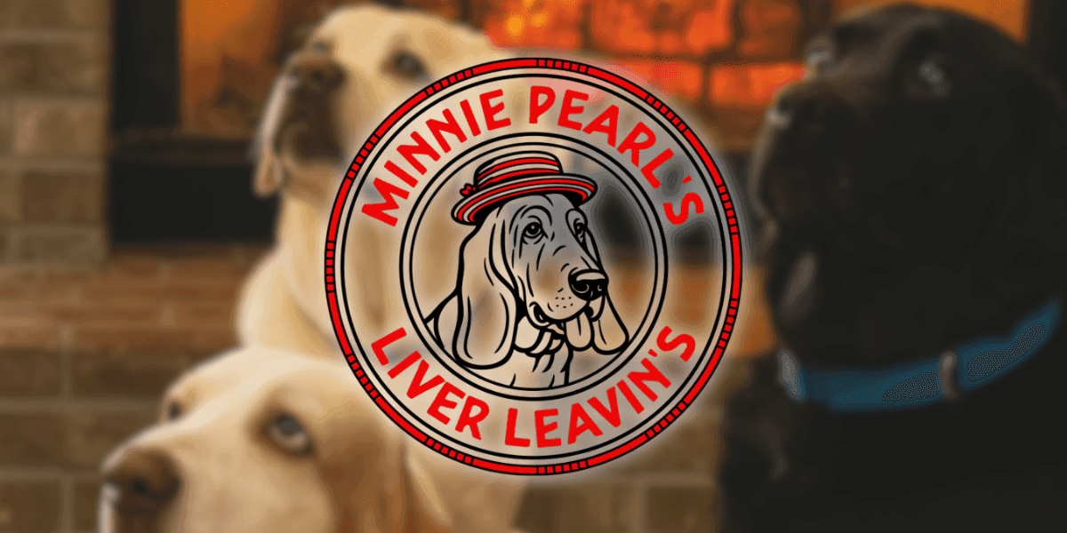Logo of Minnie Pearl’s Liver Leavin’s with three dogs in the background, emphasizing pet-friendly and healthy treats.