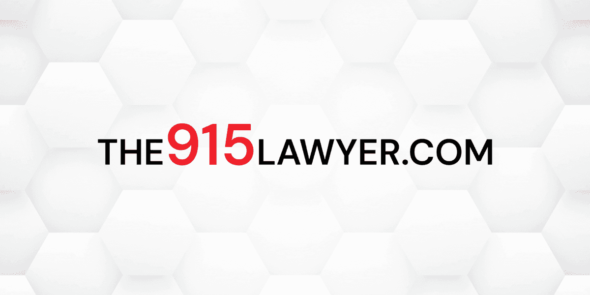 "Logo of The 915 Lawyer with modern hexagonal pattern background, featuring bold text 'THE 915' in red and 'LAWYER.COM' in black, representing a professional legal services brand."