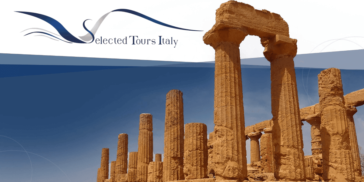 Ancient Greek ruins in Sicily with Selected Tours Italy logo for cultural heritage tours.