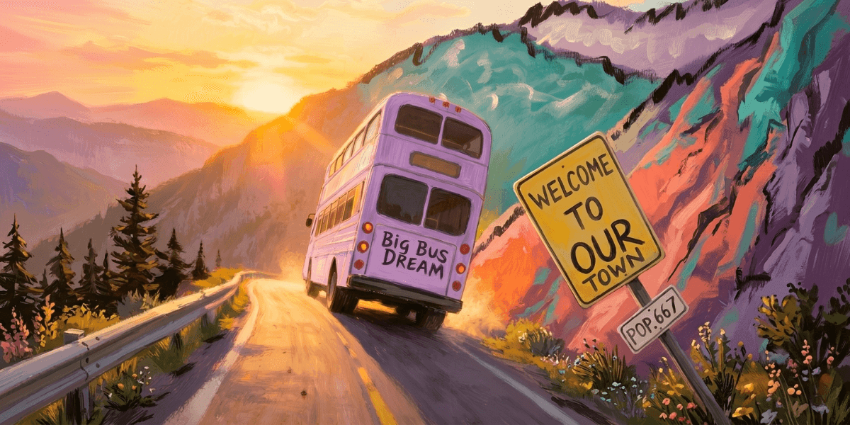 Illustrated purple double-decker bus driving toward mountains beside a Welcome to Our Town roadside sign