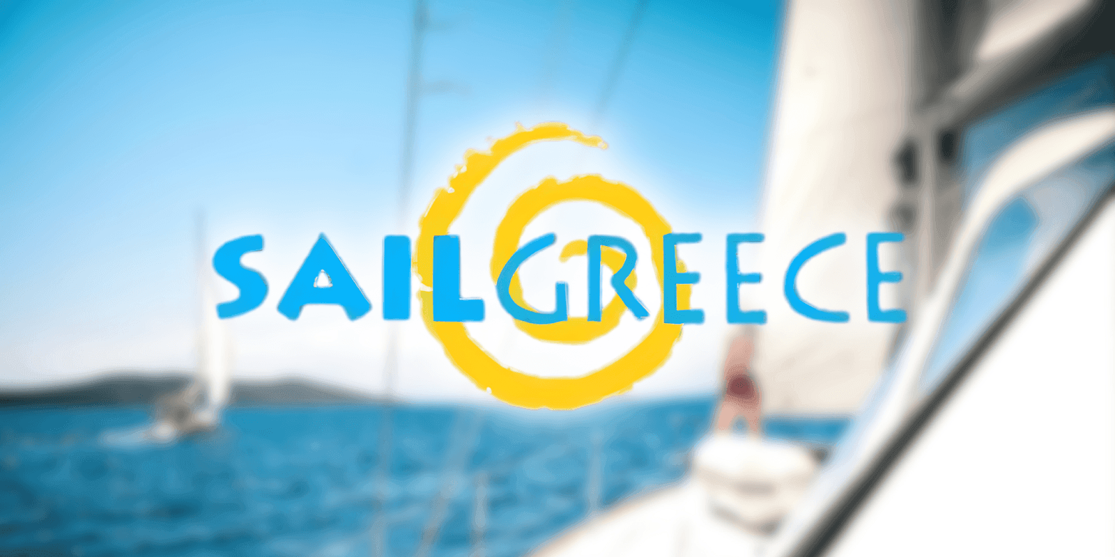 Sail Greece Yachting logo over a blurred yacht and sea background promoting sailing adventures across Greece.
