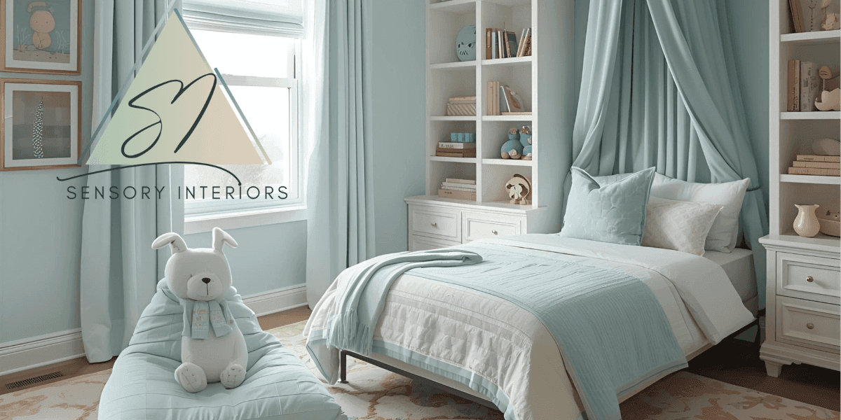 "Sensory Interiors logo with a calming pastel-colored bedroom, reflecting the company’s focus on neurodivergent-centered, sensory-friendly design."