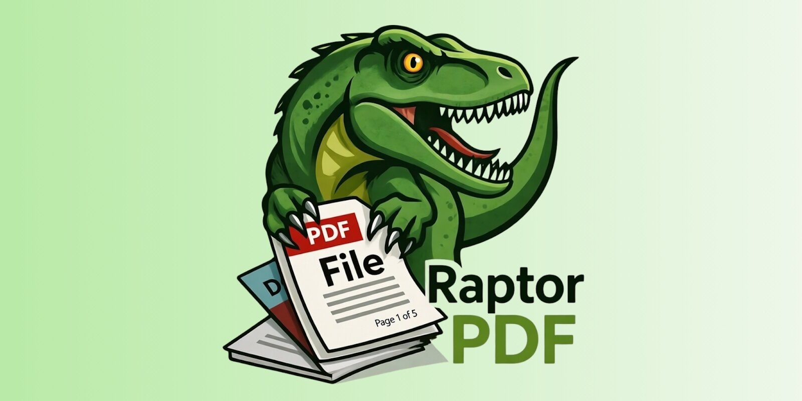 a dinosaur mascot holding PDF files, representing RaptorPDF, a fast, simple, and browser-based PDF editing tool.