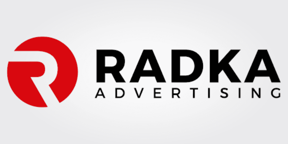 RADKA Advertising logo featuring a bold red “R” icon with black company text on a light background.