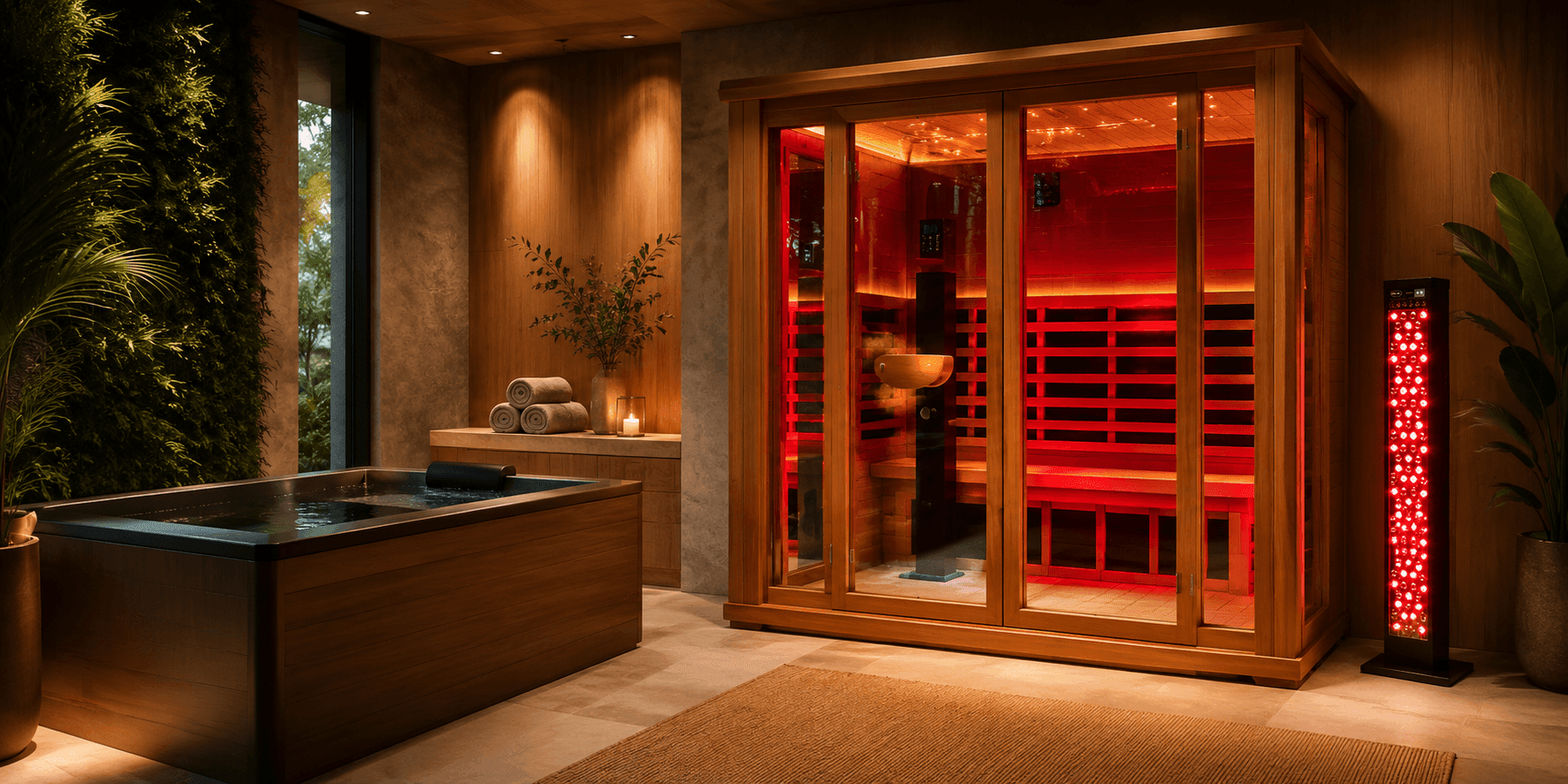 Modern home wellness room with infrared sauna, cold plunge tub, and red light therapy panel.