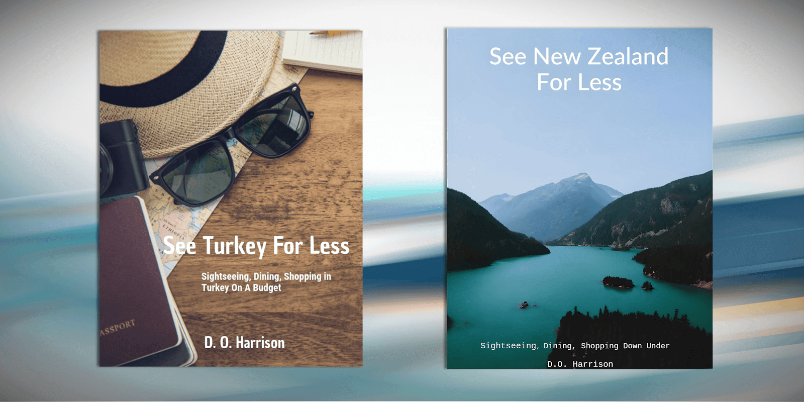Two travel book covers by Daisy O. Harrison promoting affordable trips to Turkey and New Zealand.