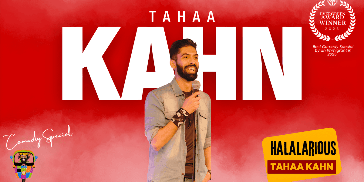Tahaa Kahn performing comedy with a microphone, featured for his award-winning special 'Halalarious' and journey