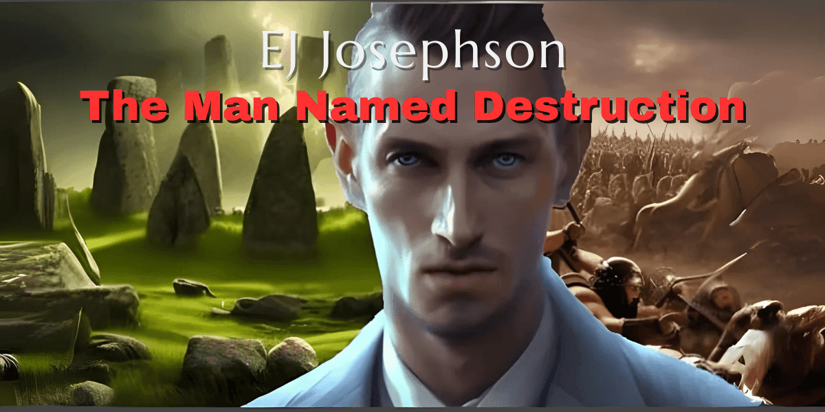 Book cover featuring a stern man, ancient stone circle, and battlefield; title reads "The Man Named Destruction."