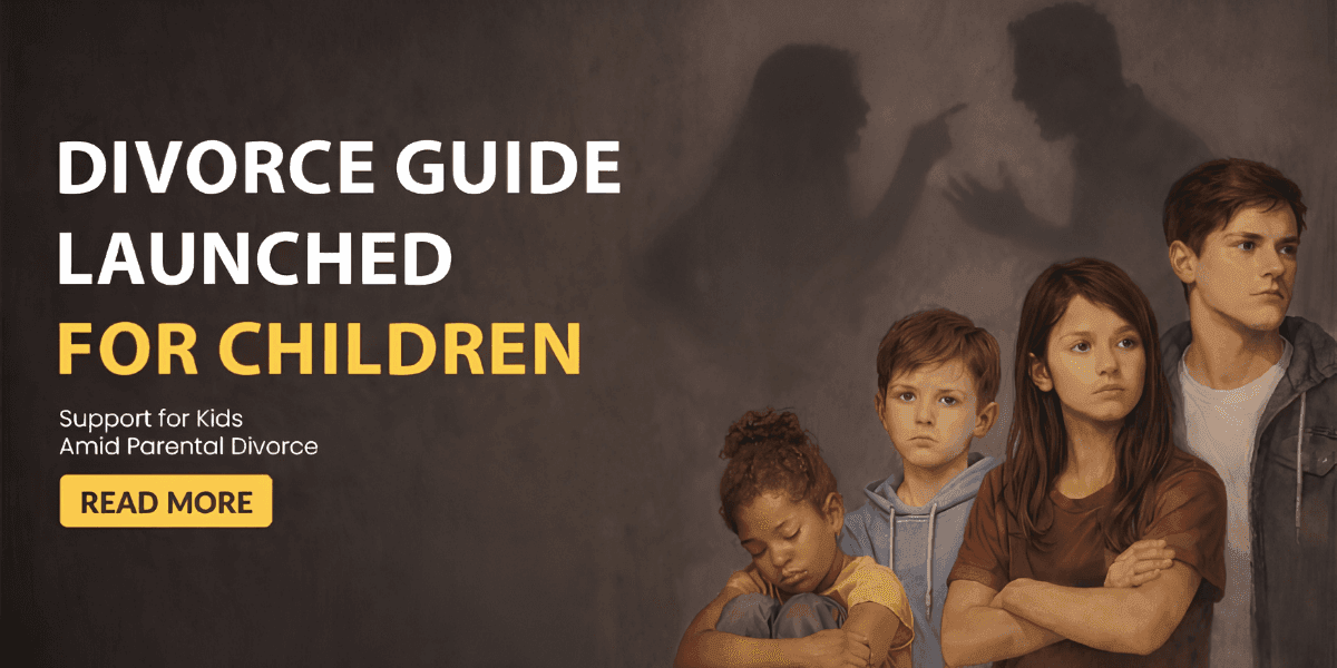 Children stand beneath silhouettes of arguing adults beside text promoting a divorce guide for children.