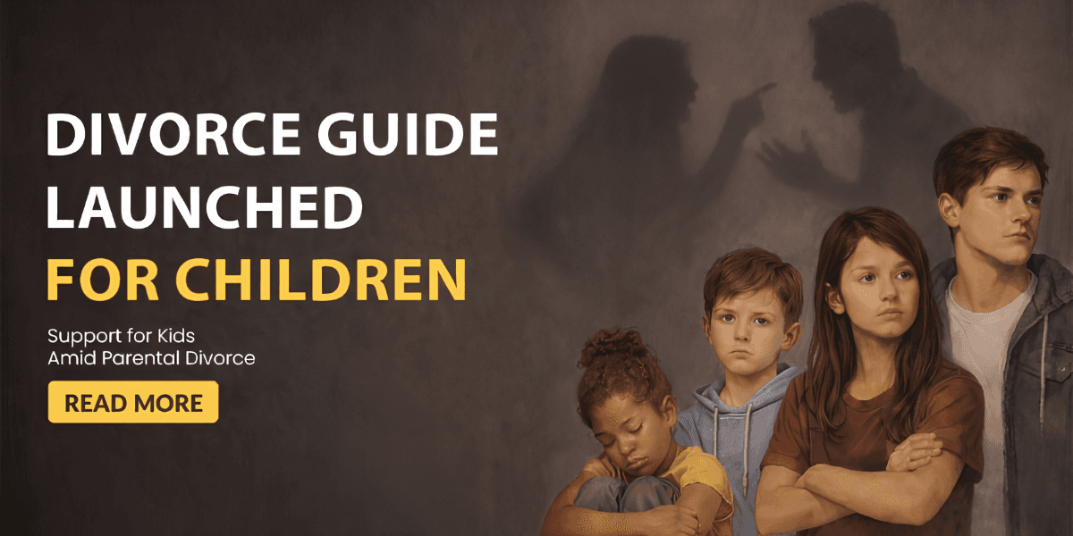 Children stand beneath silhouettes of arguing adults beside text promoting a divorce guide for children.