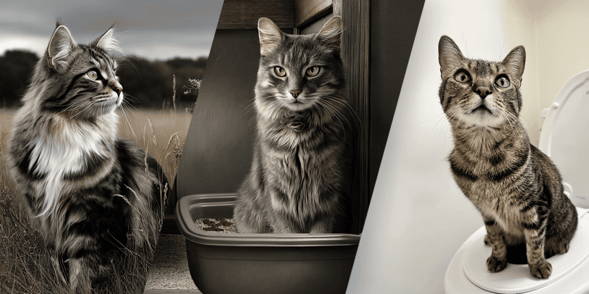 "Image of cats using The Cat Throne™ toilet training system, showcasing comfort, sustainability, and ease of use for pets."