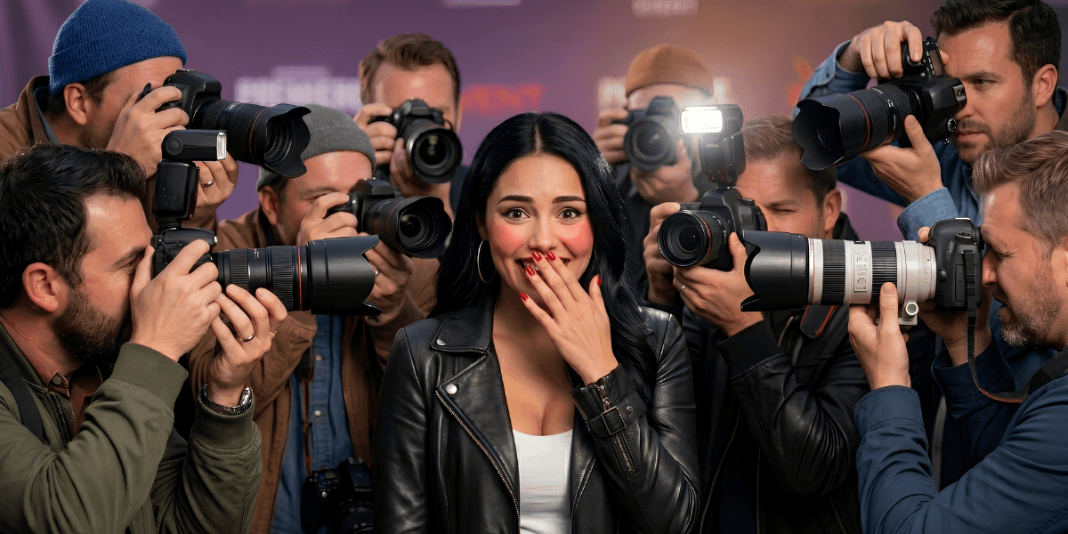 Aurora Ivy surrounded by photographers, reacting with surprise and excitement during a media photo call.