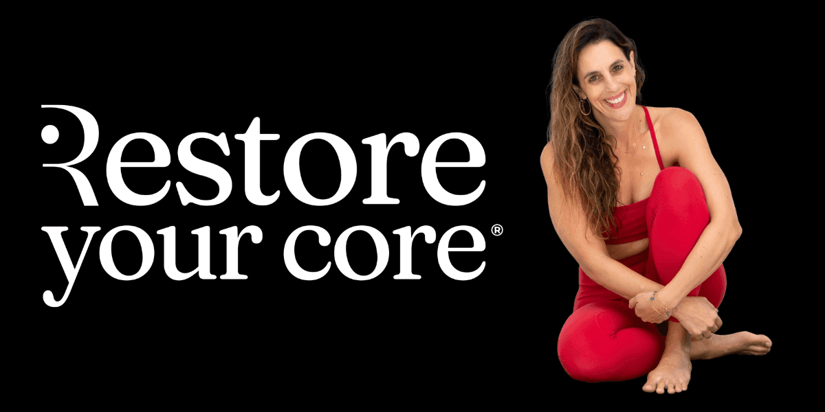 Woman in red workout attire beside “Restore your core” logo promoting RYC FIT online strength training membership.