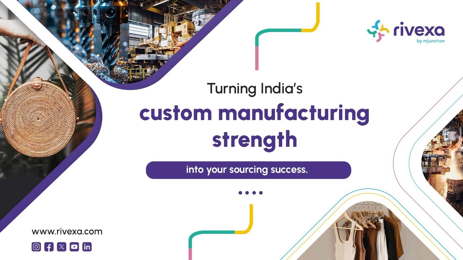 Rivexa's promotional banner showcasing custom manufacturing strength and its sourcing success in India, featuring images of a handmade bag, factory machinery, and finished goods.