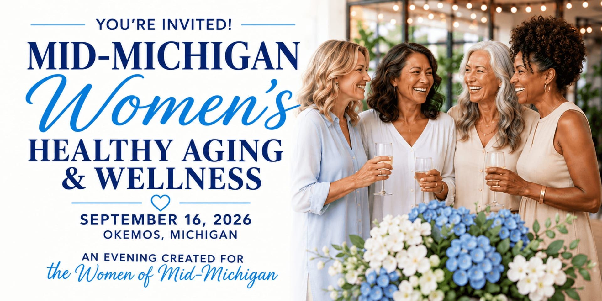 Mid-Michigan Women’s Healthy Aging & Wellness event invitation for September 16, 2026, featuring four women socializing.