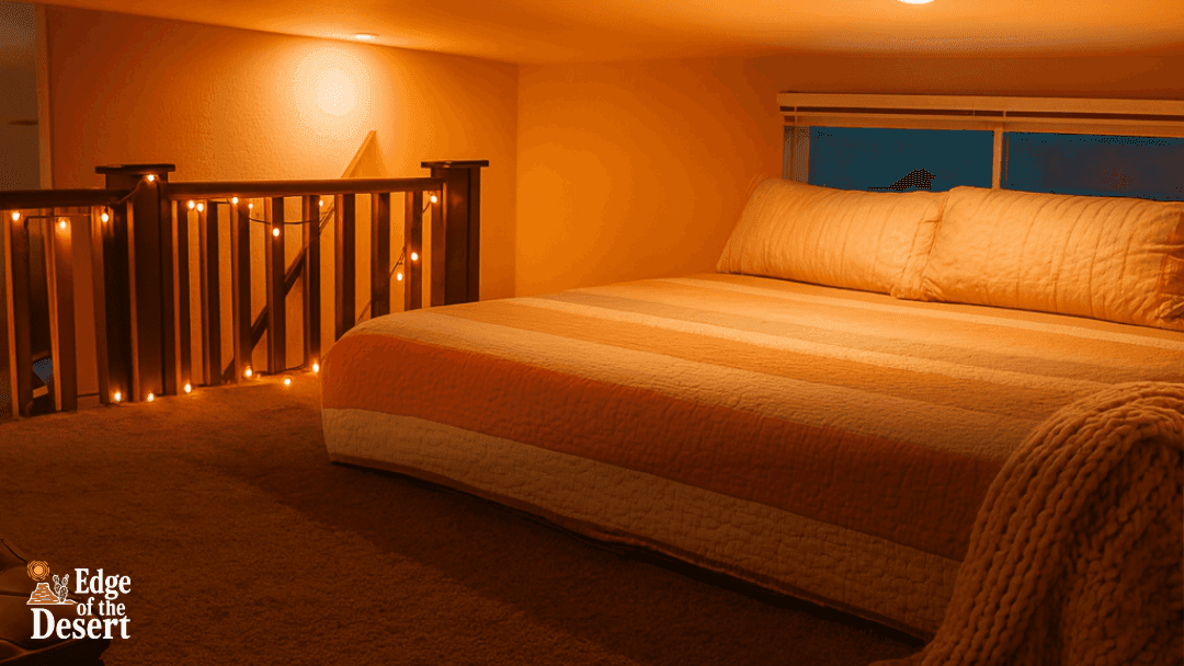 Cozy loft bedroom with warm lighting, striped bedding, and fairy lights at Edge of the Desert in Moab.